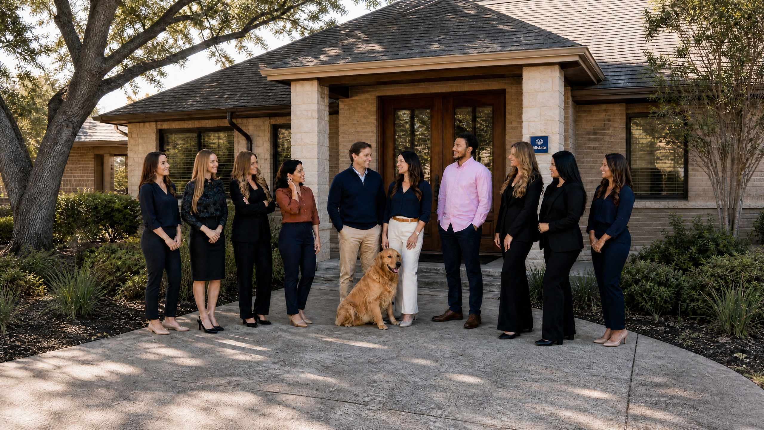 Reliance Insurance team and golden retriever outside a hometown Texas agency office