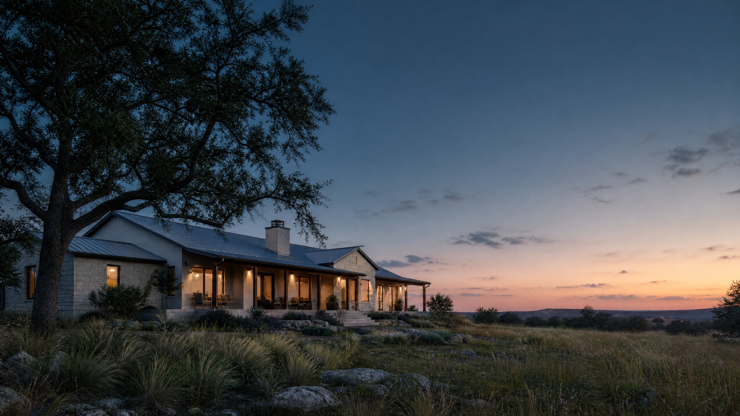 Texas homestead beneath a mature oak at sunset