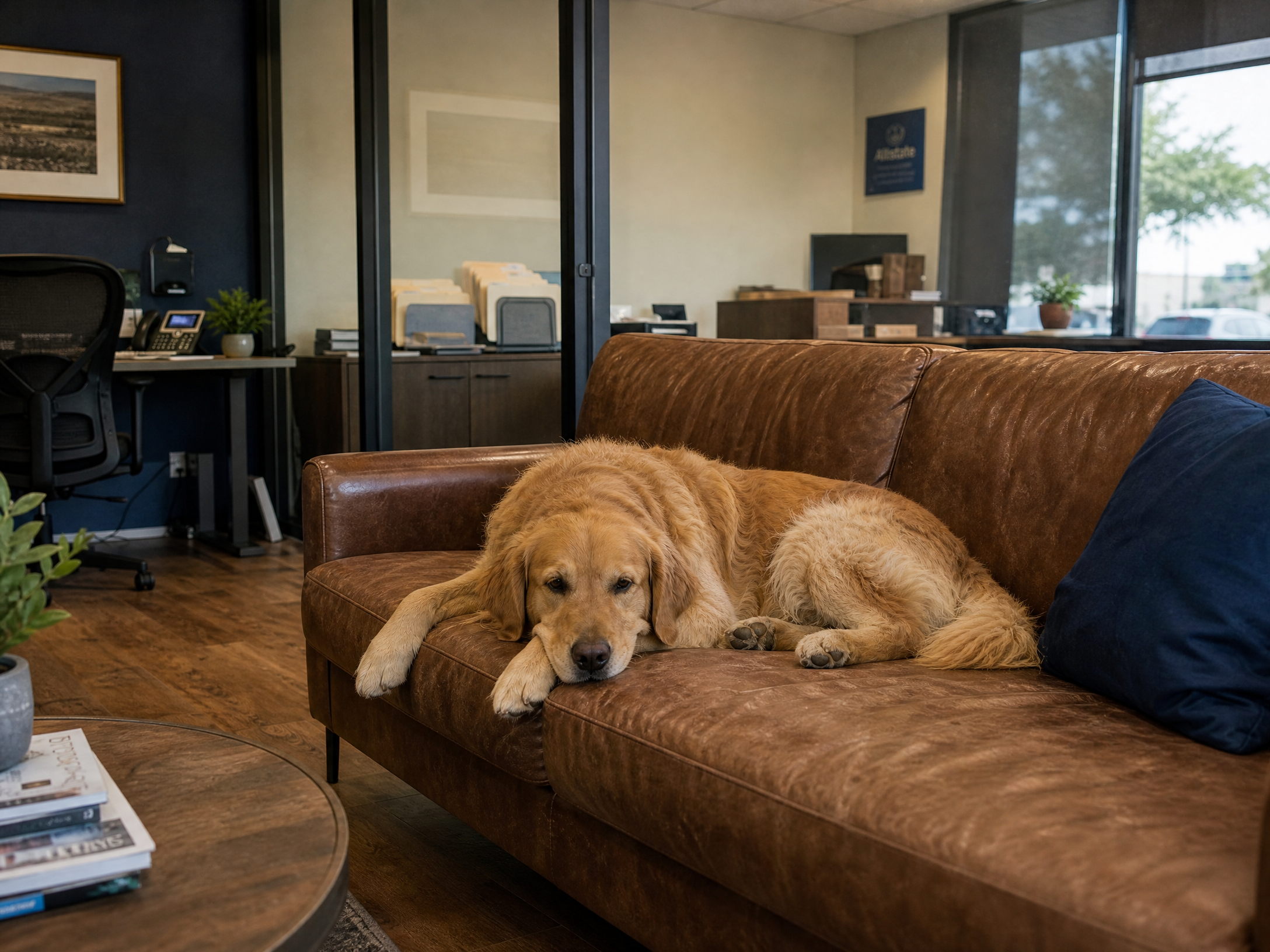 Rico, Reliance Insurance golden retriever office mascot resting tiredly in the office